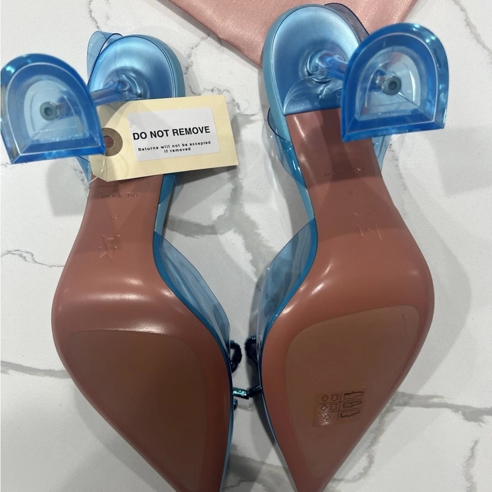 Amina Muaddi Teal Slingback Heels with Bow - Picture 8 of 9